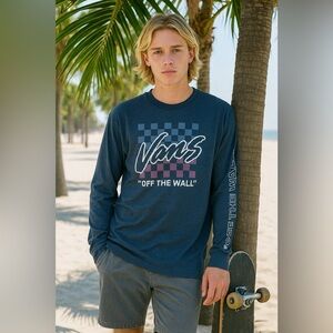 Vans Off the Wall Skateboard Heather Blue Checkerboard Graphic Logo Tee Size XL